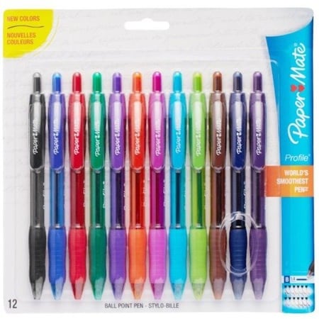 Paper Mate Profile Ballpoint Pen - 1.4 mm Bold Pen Point - Refillable - Retractable - Black, Blue, Green, 12PK 1788863