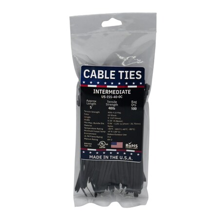 Cable Ties Unlimited Cable Tie, 5.5 in L, 40 lb Strength, 1.4 in Max Bundle Dia, Nylon 6/6, Black 100PK US-I55-40-0C