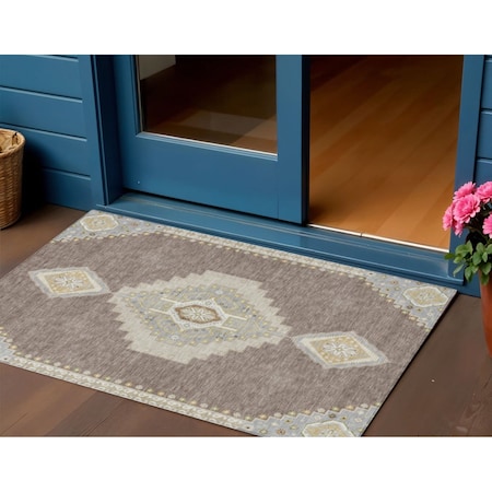 Homeroots 3' X 5' Taupe Gray And Ivory Oriental Washable Indoor Outdoor Area Rug 598448