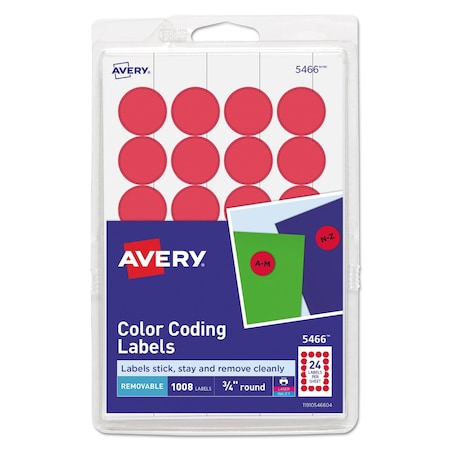Avery Dennison Label, 0.75", Round, Red, PK1008 05466