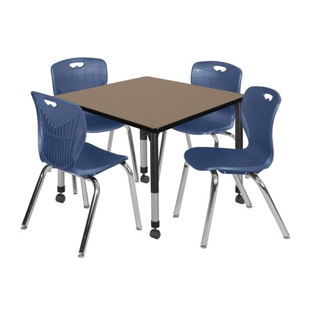 Regency Square Kee Mobile Adjustable Classroom Table W/ 4 Andy Chairs, 42 in W, 42 in L, Noble Oak TB4242NOAPCBK40NV