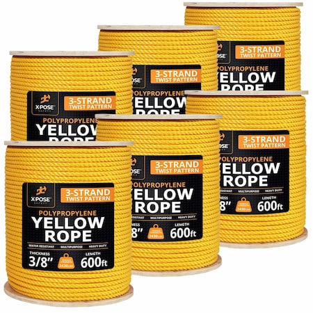 Xpose Safety 3/8in x 600 ft Twisted Polypropylene Rope, Yellow, 6PK YPR38-600-6-X