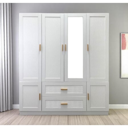 Homeroots 75" White Ribbed Texture Wood Mirrored Six Door Two Drawer Combo Dresser 617962