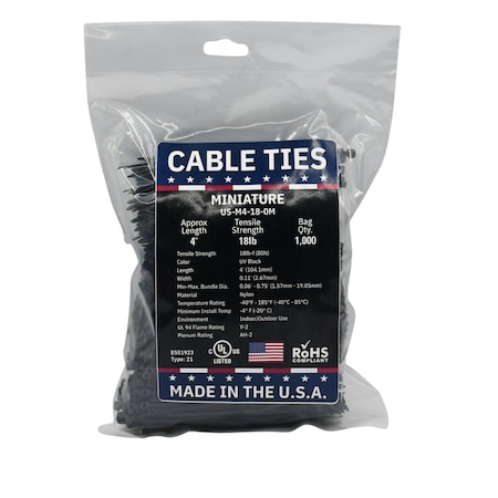 Cable Ties Unlimited Cable Tie, 4 in L, 18 lb Strength, 0.8 in Max Bundle Dia, Nylon 6/6, Black 1000PK US-M4-18-0M