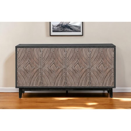 Homeroots 60" Charcoal and Brown Distressed Wood Sideboard with Four Doors 568404
