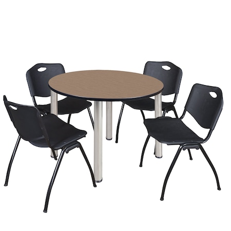Regency Round Kee Breakroom Table W/ 4 M Stack Chairs, 48 in W, 48 in L, Noble Oak TB48RNDNOBPCM47BK