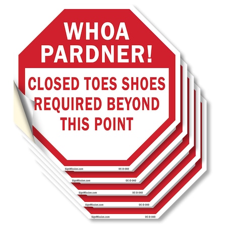 Signmission Whoa Pardner! Closed Toes Shoes Req, 4 inch X 4 inch, Vinyl Decal, 5PK OC-D-5PACK-4-40
