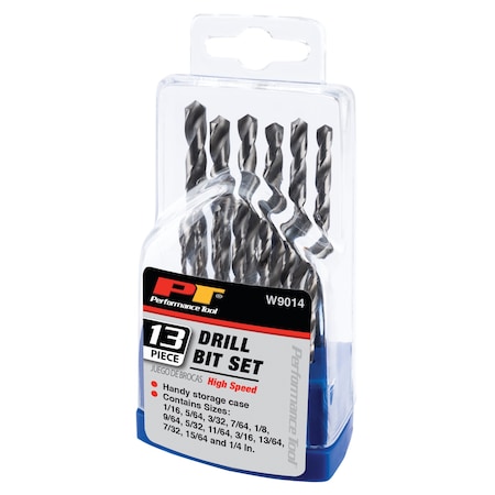 Performance Tool Performance Tool High Speed Steel Drill Bit Set Hex Shank 13 pc W9014