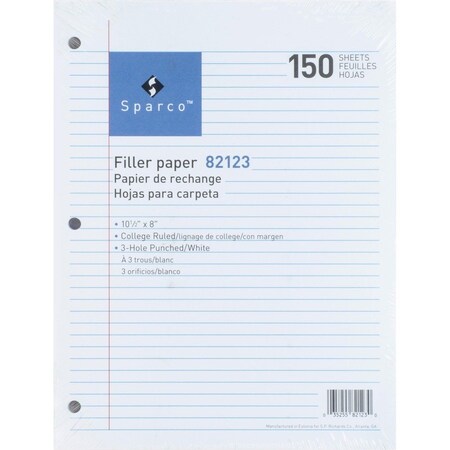 Sparco Notebook Filler Paper, 8" x 10-1/2", College Ruled, White, 150 Sheets/Pack 82123