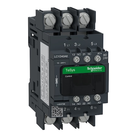 Schneider Electric IEC Magnetic Contactor, 1NC/1NO, 24V DC, 3 P, Non-Reversing, Screw LC1D40A6BD