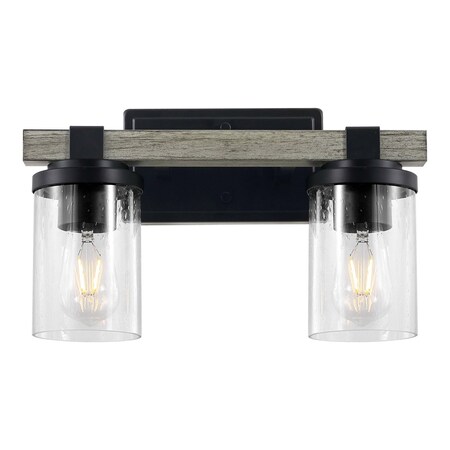 Jonathan Y Bungalow 15" 2-Light Iron/Seeded Glass Rustic Farmhouse LED Vanity Light, Black/Gray Oak Wood Finish JYL7508B
