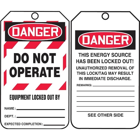 Accuform Safety Tags, Danger Do Not Operate Equipment Locked Out, 5.75" X 3.25", PF-Cardstock, 25/PK MLT409CTP