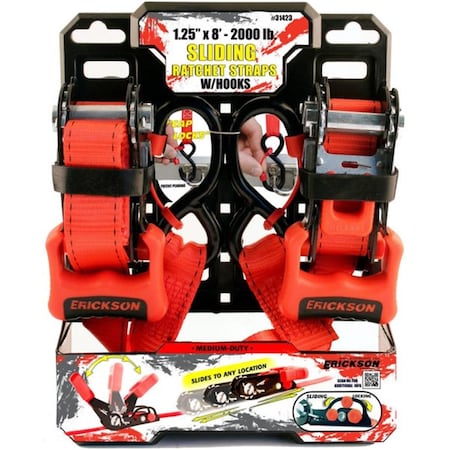 Erickson Manufacturing 31423 1.25 in. x 8 ft. 2000 lbs Sliding Ratchet Straps with Caplocks, 2PK 360242390