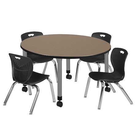 Regency Round Kee Mobile Adjustable Classroom Table W/ 4 Andy Chairs, 48 in W, 48 in L, Noble Oak TB48RNDNOAPCGY45BK