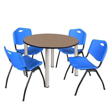 Regency Round Kee Breakroom Table W/ 4 M Stack Chairs, 42 in W, 42 in L, Noble Oak TB42RNDNOBPCM47BE
