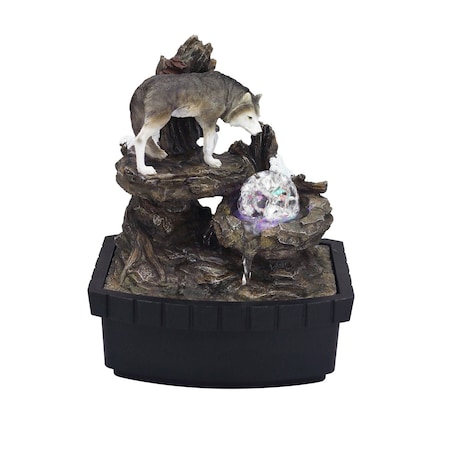 Homeroots 10" Black Polyresin Wolf Tabletop Fountain Sculpture 468304