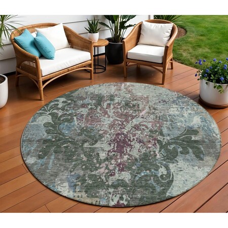 Homeroots 8' Fern Green And Purple Round Damask Washable Indoor Outdoor Area Rug 596383