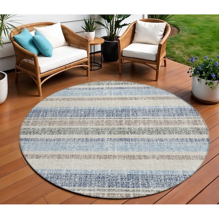 Homeroots 8' Navy Blue And Beige Round Striped Washable Indoor Outdoor Area Rug 632229