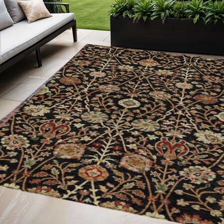 Homeroots 10' X 14' Black Brown And Red Floral Washable Indoor Outdoor Area Rug 603406