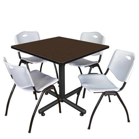 Regency Square Kobe Breakroom Table W/ 4 M Stack Chairs, 42 in W, 42 in L, Neo Walnut TKB4242NW47GY