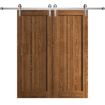 Sartodoors Modern Double Barn Door 36 x 84 inches, Ego 5006 Cognac Oak Veneer, 13FT Silver Rail Track Set, S EGO5006DB-S-DKO-3684