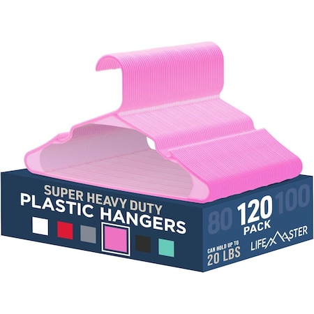 Lifemaster Heavy-Duty Plastic Hangers, Non-Slip, Space-Saving, Holds 5 lbs, Pink, 120PK LMPLCPIK120