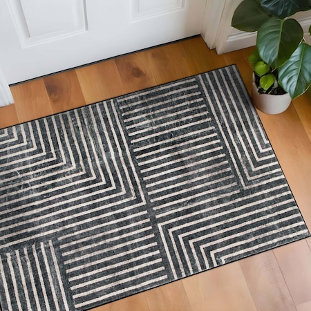 World Rug Gallery Distressed Bohemian Stripes Washable Non Slip Area Rug 2 ft x 4 ft Anthracite WR76ANTHRACITE2X4