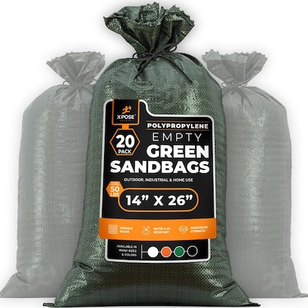 Xpose Safety Woven Green Polypropylene Sandbags, 14x26 in, 50 lb Capacity, Reusable Flood Protection, 20PK SBG-1426-20-X