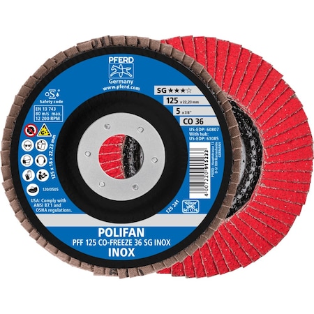 Pferd 5'' x 7/8'' A.H. POLIFAN Flap Disc - CO-FREEZE SG INOX, Ceramic oxide, 36 Grit, Flat 60807