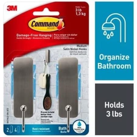 Command Medium Bath Hook, 3 lb, 2-Hook, Metal, Matte Black BATH43-MB-2ES