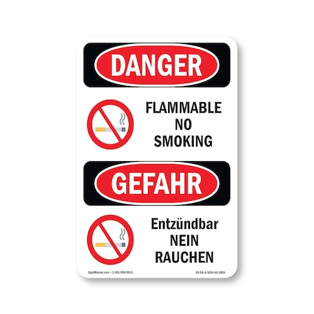 Signmission OSHA Danger Sign, 14" Height, Aluminum, Flammable No Smoking Bilingual, 1014-VG-1824 OS-DS-A-1014-VG-1824