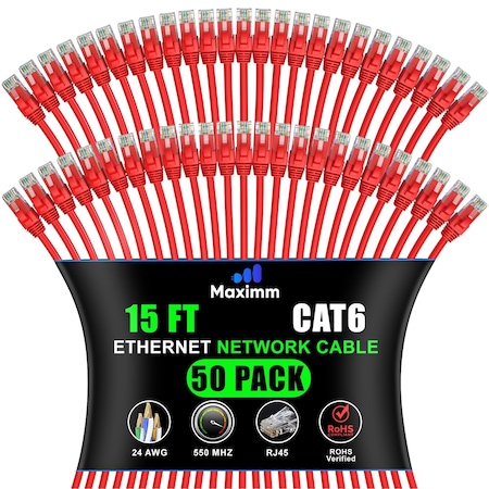 Maximm Cat6 Ethernet Cable 15ft 10Gbps 550MHz UTP, 50PK, Red, 50PK CAT6CCA-15RD-50PK