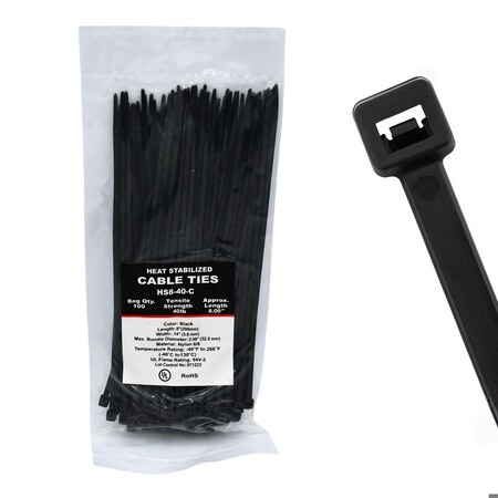 Cable Ties Unlimited Heat Stabilized Cable Tie, 8 in L, 40 lb Strength, 2.2 in Max Bundle Dia, Nylon, UV-Res, Blk, 100PK HS8-40-C
