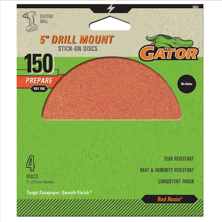 Gator Finishing Red Resin 5 in. Drill Mount Stick-On Sanding Discs, 150 Grit, Very Fine, 4PK 3000
