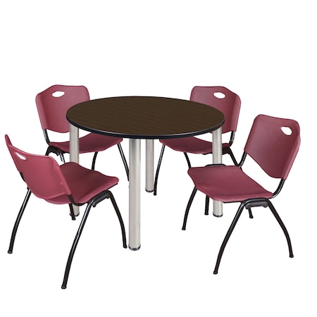 Regency Round Kee Breakroom Table W/ 4 M Stack Chairs, 48 in W, 48 in L, Neo Walnut TB48RNDNWBPCM47BY