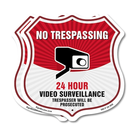 Signmission No Trespassing Shield Sign 24 Hour Video, 18 inch X 18 inch, Plastic Sign, 2PK SHI-P-2PACK-18-420