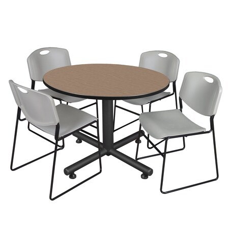 Regency Round Kobe Breakroom Table W/ 4 Zeng Stack Chairs, 48 in W, 48 in L, Noble Oak TKB48RNDNO44GY