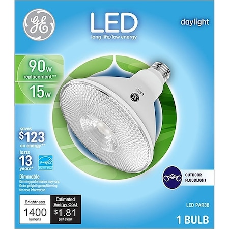 Ge 38453 LED Bulb, Flood/Spotlight, 1400 Lumens, 15 W, PAR38 Lamp, 90 W Equivalent, E26 Lamp Base 93130318