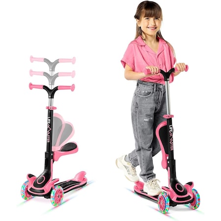 Lifemaster Kids 3-Wheel Scooter w/ Foldable Seat, LED Wheels, Adjustable Handlebar, Indoor/Outdoor Watermelon LIFMS93