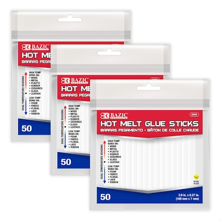 Bazic Products Mini Hot Melt Glue Sticks, Dual Temp, 3.9in. x 0.27in., 50 Per Bag, 3PK 2095