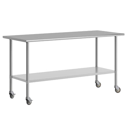 Flash Furniture Reader Work Table, 18 Gauge Stainless Steel Top Shelf, Undershelf and 4 Casters w/2 Locking NH-WT-3072-CAS-GG