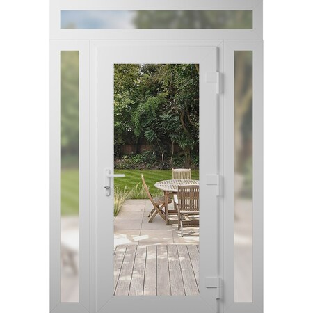 Vdomdoors Front Exterior Prehung Metal-Plastic Door Clear Glass / MANUX 8666 White Silk / Office Commercial a MANUX8666EXD-WS-W16+36+16xH80+12-LH-I