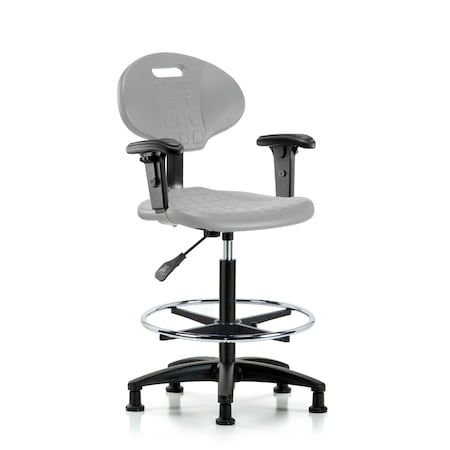 Blue Ridge Ergonomics Poly Chair-High Bench Ht with Chrome Foot Ring, Adjustable Arms, & Stationary Glides in Gray Poly TPHBCH-RG-A1-CF-RG-GRY