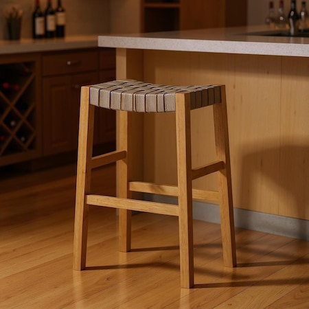 Homeroots 31" Stone and Natural Faux Leather and Solid Wood Backless Bar Height Bar Chair 632399