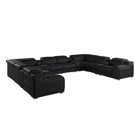 Homeroots Black Italian Leather Power Reclining U Shaped Twelve Piece Corner Sectional With Console 632554