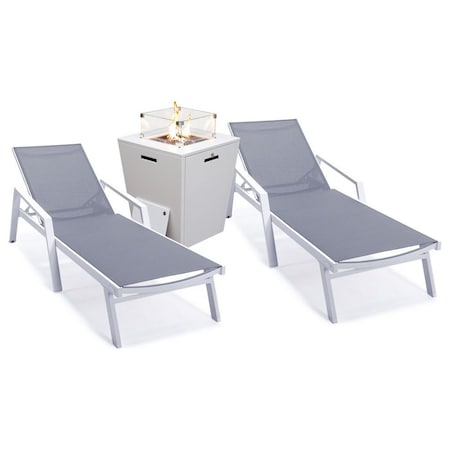 Leisuremod Marlin White Aluminum Patio Chaise Lounge Armchair Set of 2 with Square Fire Pit Table, Dark Grey MLAWCF21-77DGR2
