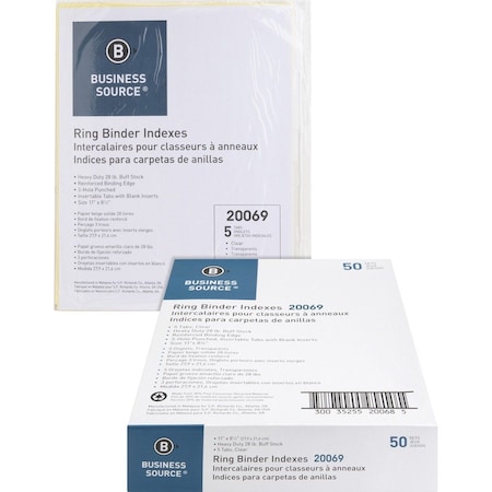 Business Source Ring Binder Indexes, 5 Tabs, 3-Hole Punched, Manila, PK50 BSN20069BX