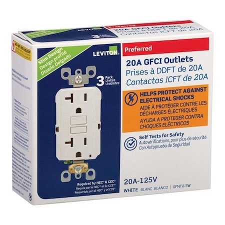 Leviton GFCI OUTLET 20A WHT, 3PK GFNT2-3W