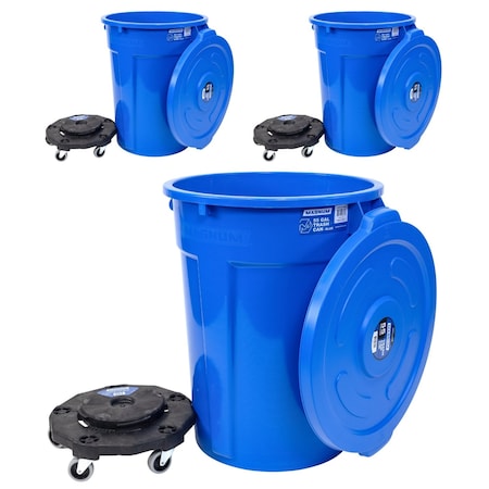 Magnum Tool Blue 55 Gallon Trash Can Set, Trash Can, Quiet Dolly, and Reinforced Lid, 3 Set CMTC-CLD0-55B03