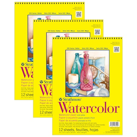 Strathmore 300 Series Watercolor Pad, Cold Pressed, Top Wire Binding, 12 Sheet, 9x12 inch, 3PK P360-9-1